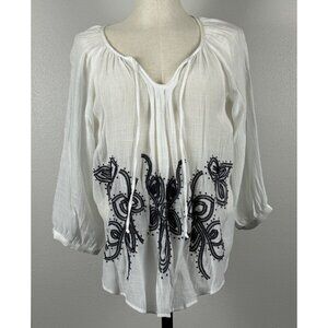 By & By White Black Embroidered Sheer Tunic Blouse Size L 3/4 Sleeve Womens Top
